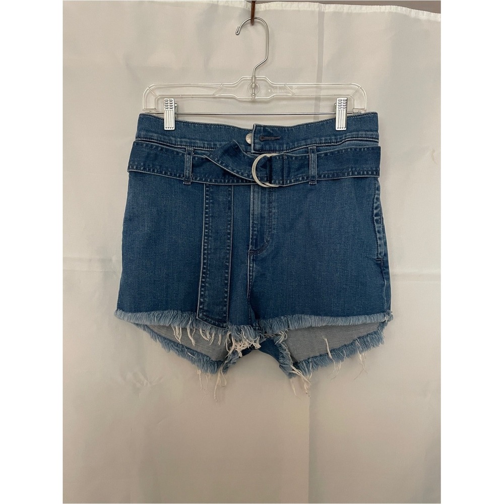 Express Blue High-Rise Frayed-Hem Denim Shorts with D-Ring Belt